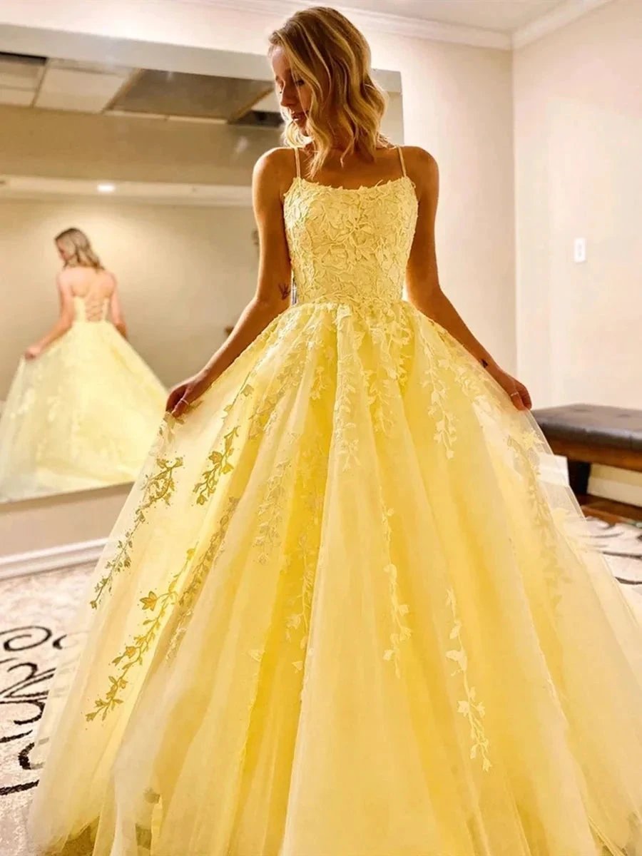 Stylish A-line Spaghetti Straps Backless Lace Long Formal Prom Dresses