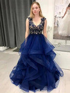 Stylish A-line V-neck Lace Fluffy Tulle Long Prom Formal Dresses
