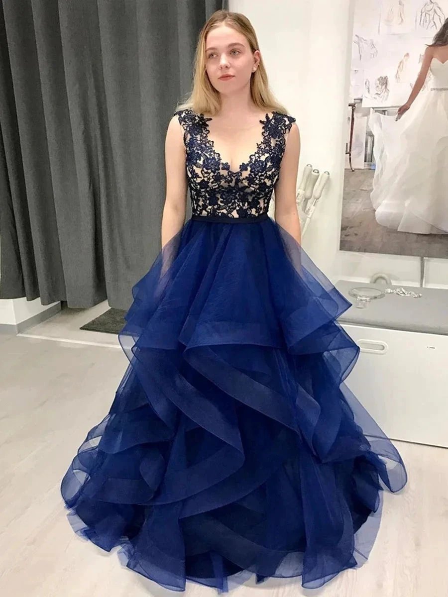 Stylish A-line V-neck Lace Fluffy Tulle Long Prom Formal Dresses