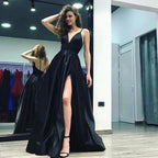 Stylish A-Line V-neck Satin Long Black Prom Dress With Slit