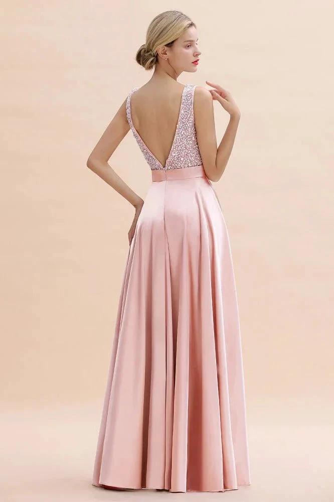 Stylish Backless Satin Floor Length Evening Dress V-Neck Party Dress