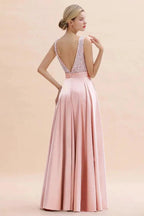 Stylish Backless Satin Floor Length Evening Dress V-Neck Party Dress