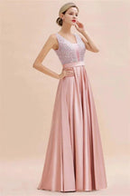 Stylish Backless Satin Floor Length Evening Dress V-Neck Party Dress