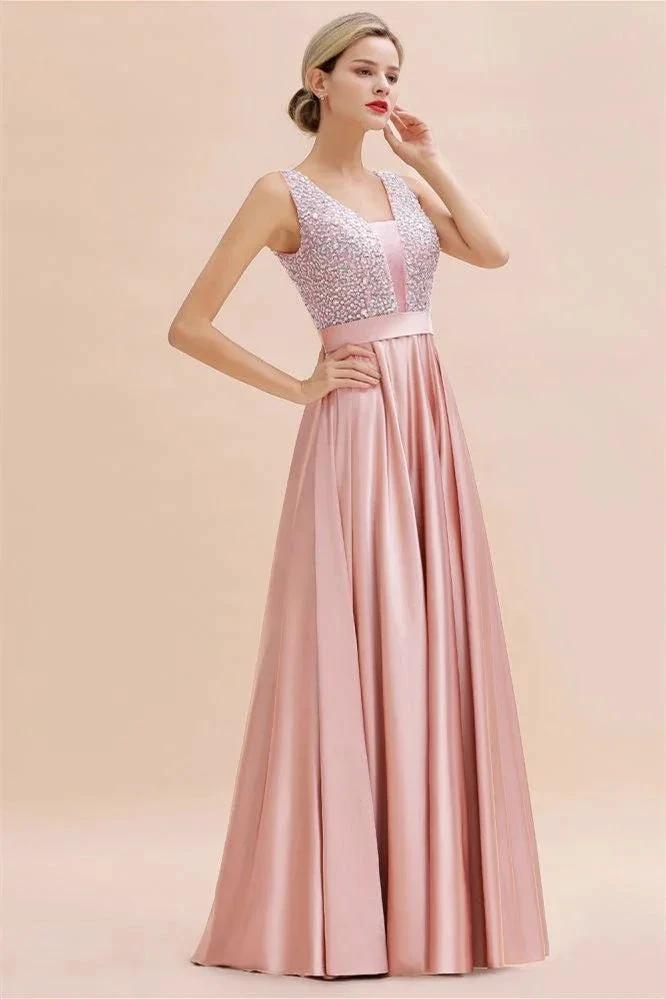 Stylish Backless Satin Floor Length Evening Dress V-Neck Party Dress