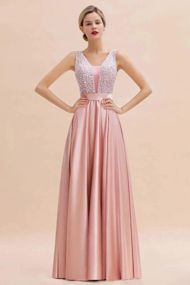 Stylish Backless Satin Floor Length Evening Dress V-Neck Party Dress