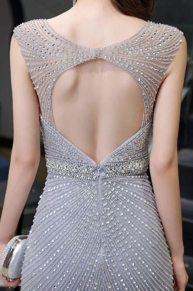 Stylish Deep V-Neck Sleeveless Beading Silver Slim Mermaid Party Gown