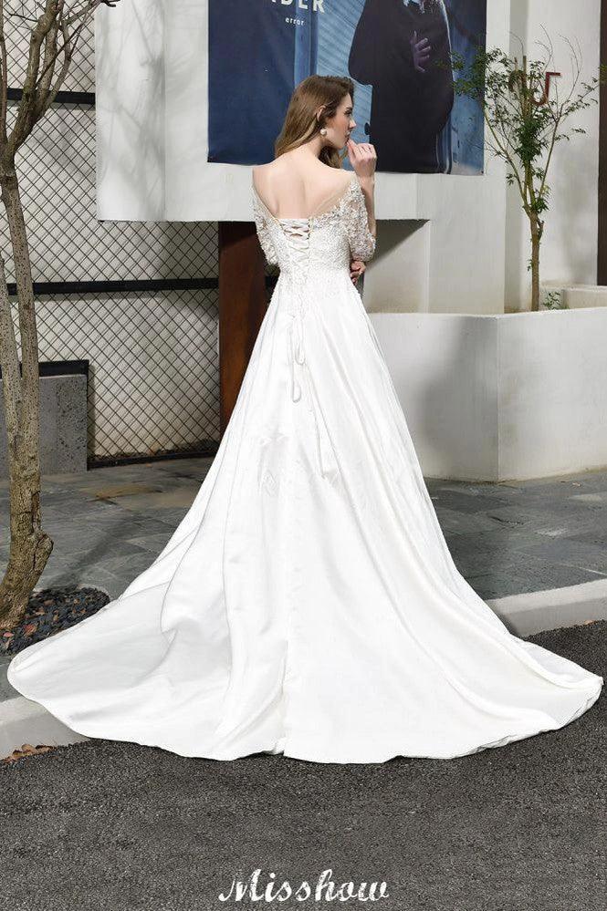 Stylish Lace Appliques Half Sleeves Aline Wedding Dress Floor Length Satin Dress for Bride