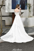 Stylish Lace Appliques Half Sleeves Aline Wedding Dress Floor Length Satin Dress for Bride
