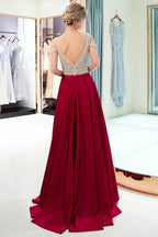 Stylish V-neck Sleeveless Burgundy Crystal Beading A-line Evening Dress