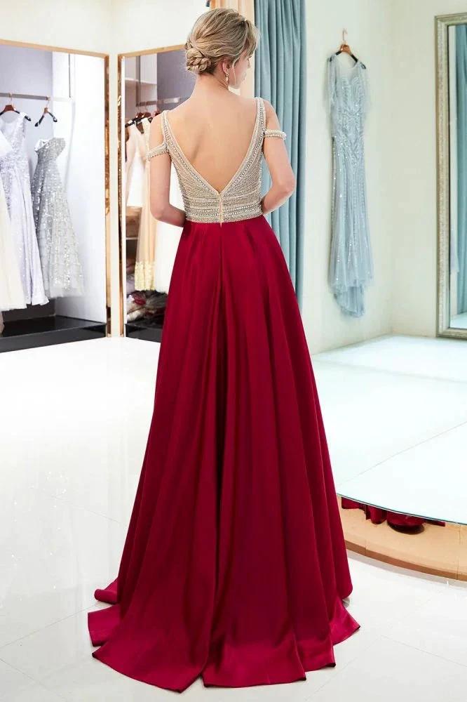 Stylish V-neck Sleeveless Burgundy Crystal Beading A-line Evening Dress