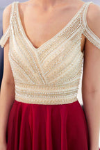 Stylish V-neck Sleeveless Burgundy Crystal Beading A-line Evening Dress