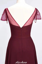 Sweetheart Cap-Sleeves Ruffle Floor-Length Bridesmaid Dress with Beadings Moher if the Bride Dresses