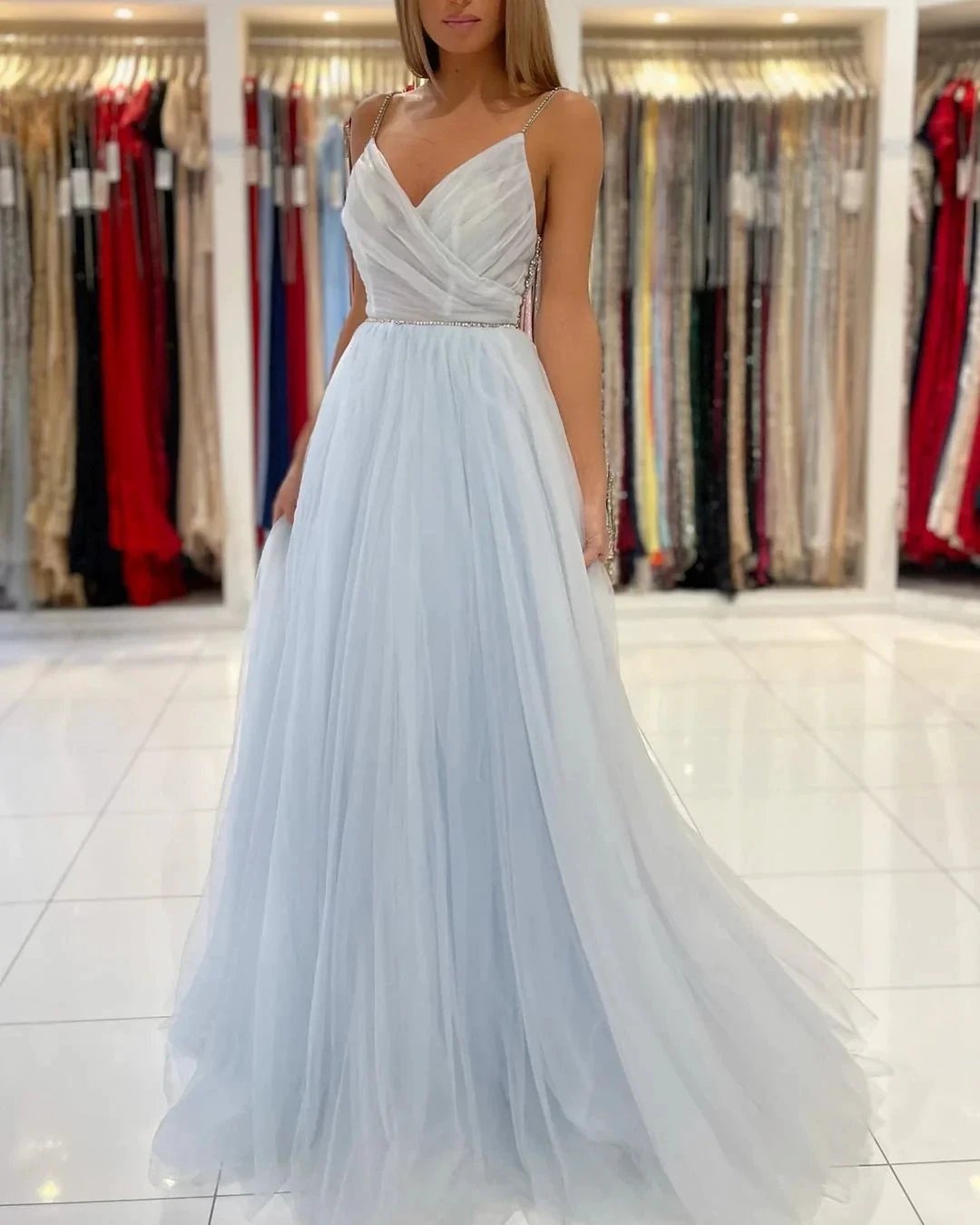 Sweetheart Floor Length A-line Backless Tulle Prom Dresses