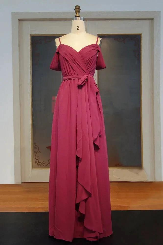 Sweetheart Spaghetti A-line Floor Length Ruffled Chiffon Prom Dresses with Bow Sash