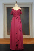 Sweetheart Spaghetti A-line Floor Length Ruffled Chiffon Prom Dresses with Bow Sash