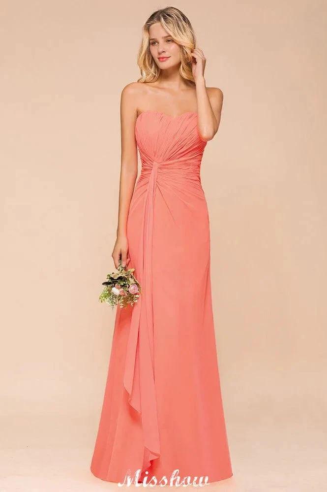 Sweetheart Strapless Ruffle Bridesmaid Dress Chiffon Long Maid of Honor Dress