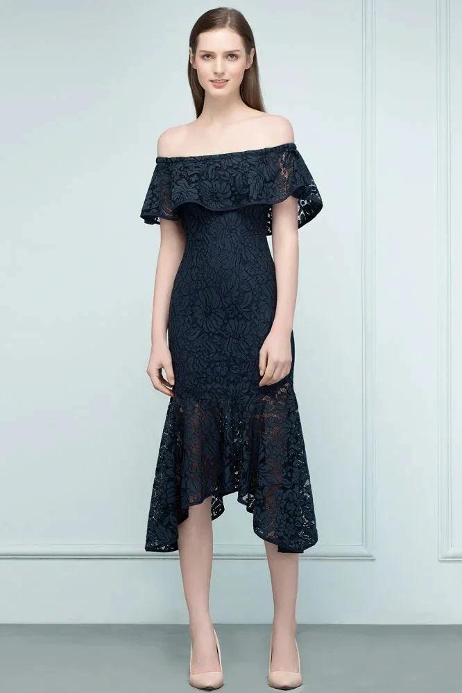Tea Length Black Mermaid Off-shoulder Lace Prom Dresses