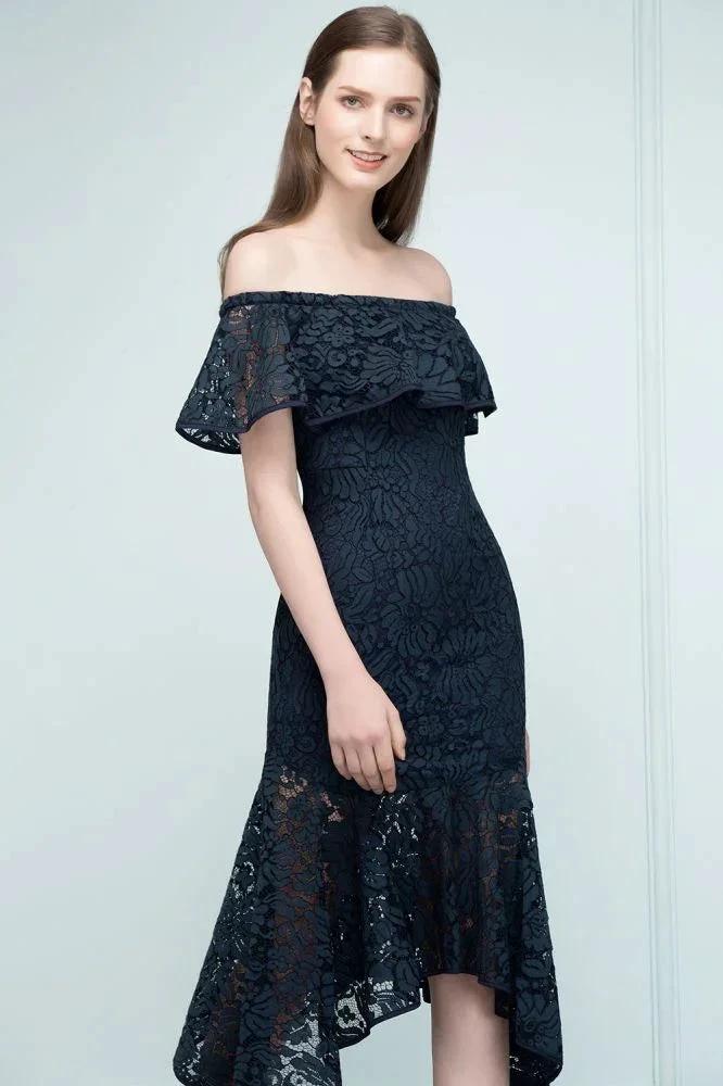 Tea Length Black Mermaid Off-shoulder Lace Prom Dresses