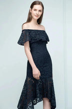 Tea Length Black Mermaid Off-shoulder Lace Prom Dresses