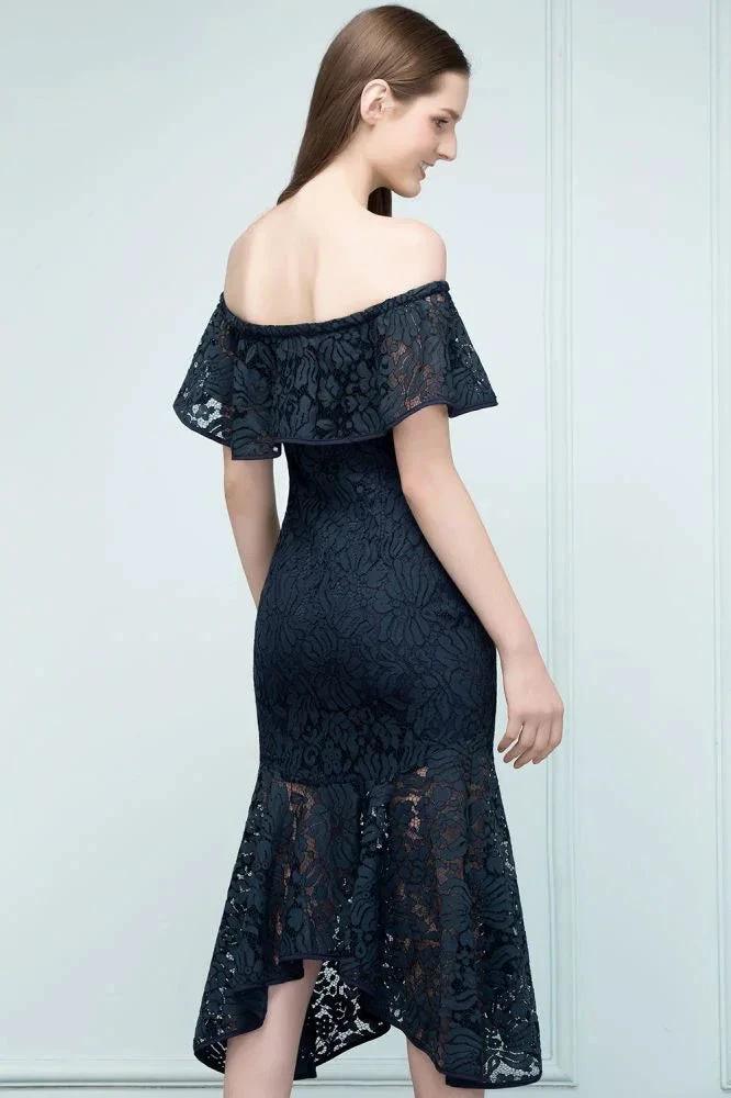 Tea Length Black Mermaid Off-shoulder Lace Prom Dresses