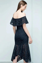 Tea Length Black Mermaid Off-shoulder Lace Prom Dresses