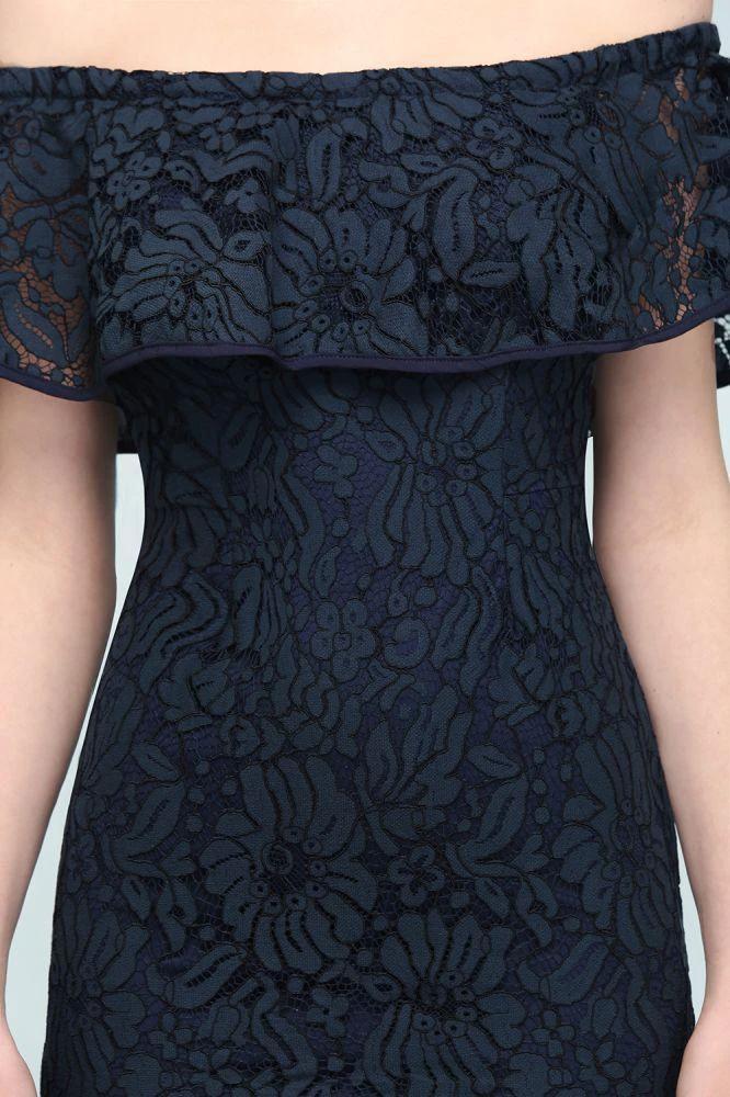 Tea Length Black Mermaid Off-shoulder Lace Prom Dresses