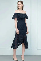 Tea Length Black Mermaid Off-shoulder Lace Prom Dresses