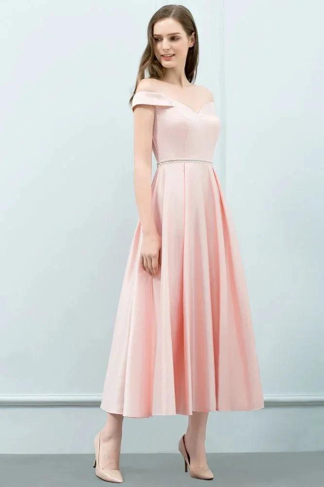 Tea Length Pink A-line Off-shoulder Prom Dresses with Sash