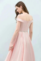 Tea Length Pink A-line Off-shoulder Prom Dresses with Sash