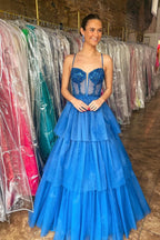 Tiered Ruffle Sequin-Embroidery Corset Long Prom Gown