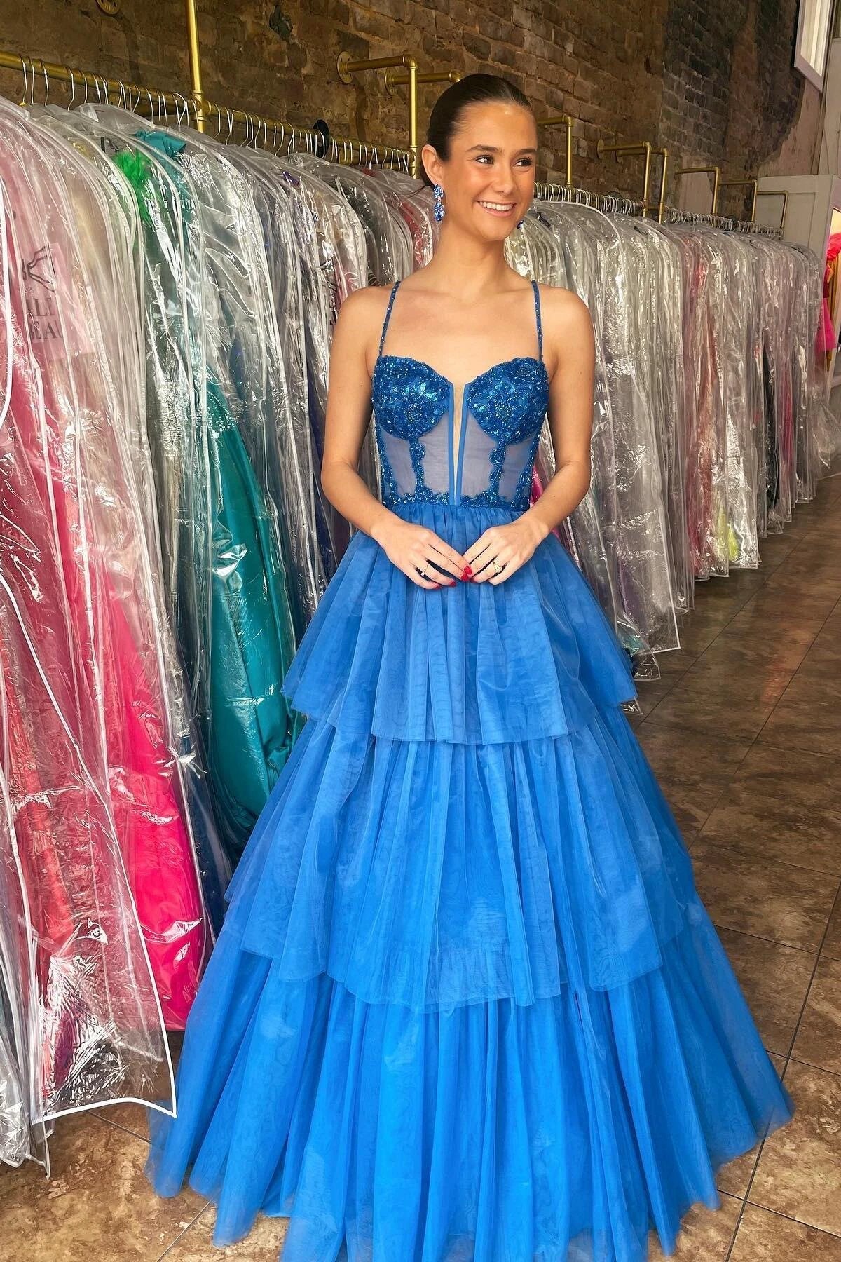 Tiered Ruffle Sequin-Embroidery Corset Long Prom Gown