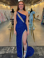 Tove | Orange One Sholder Sequins Mermaid Prom Dresses with Slit