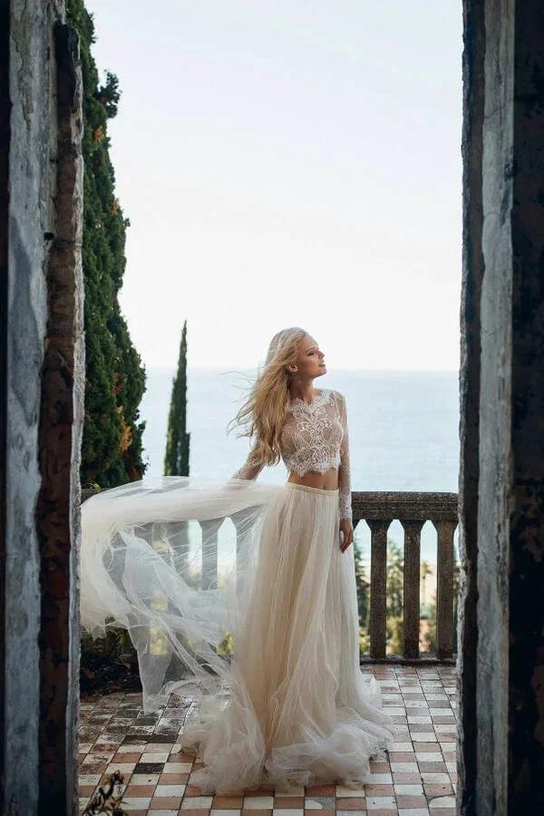 Two Piece A-line Long Lace Tulle Wedding Dress with Sleeves