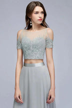 Two-piece Floor Length Appliqued Chiffon Prom Dresses