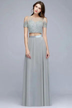 Two-piece Floor Length Appliqued Chiffon Prom Dresses