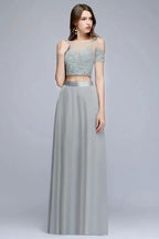 Two-piece Floor Length Appliqued Chiffon Prom Dresses
