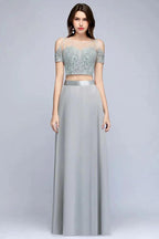 Two-piece Floor Length Appliqued Chiffon Prom Dresses