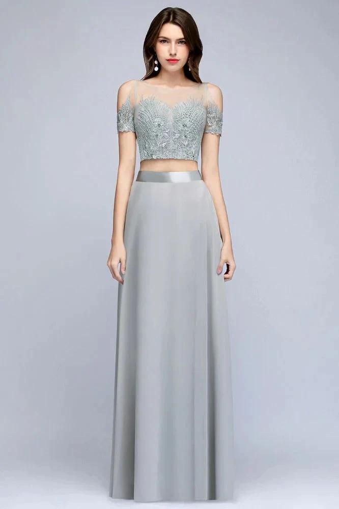 Two-piece Floor Length Appliqued Chiffon Prom Dresses