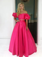 Two Piece Long A-line Off the Shoulder Satin Formal Prom Dresses with Sleeves