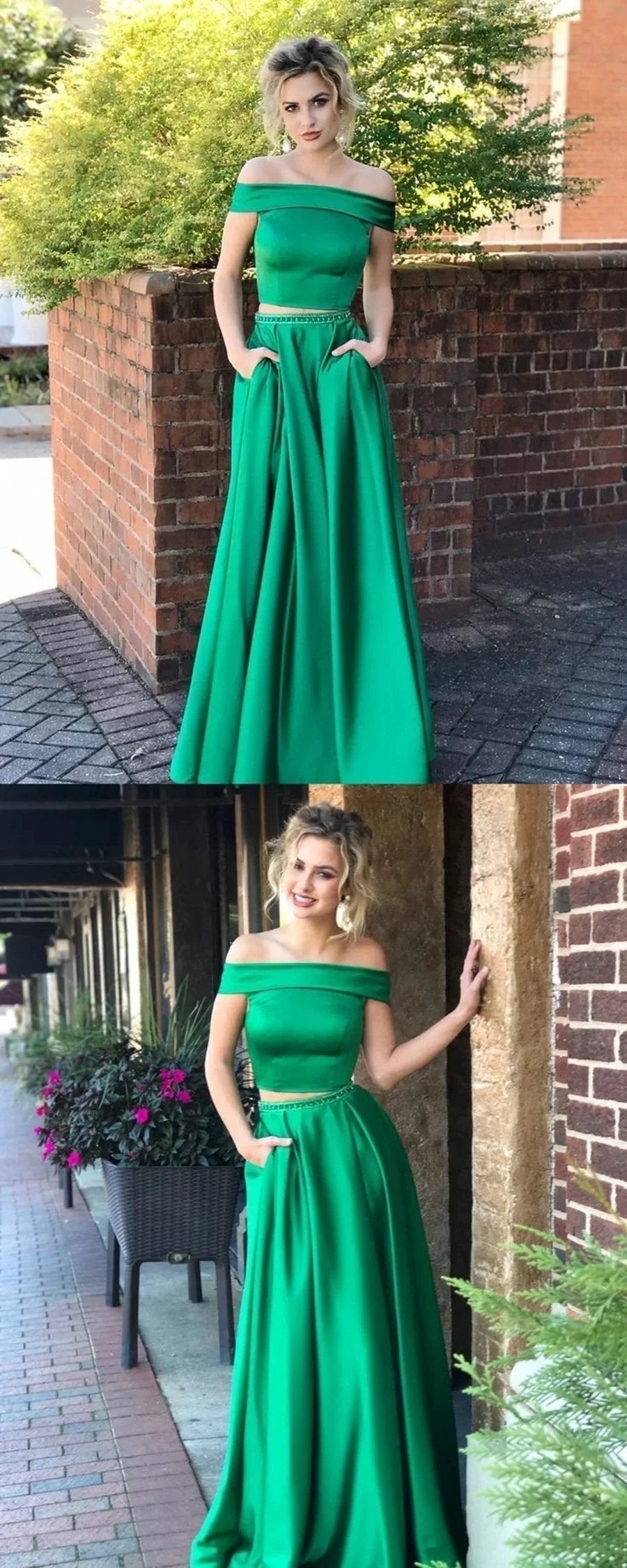 Two Pieces A-line Off the Shoulder Satin Long Prom Dresses with Pockets