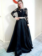 Two Pieces Black Long A-line Round Neck Satin Lace Formal Prom Dresses with Sleeves