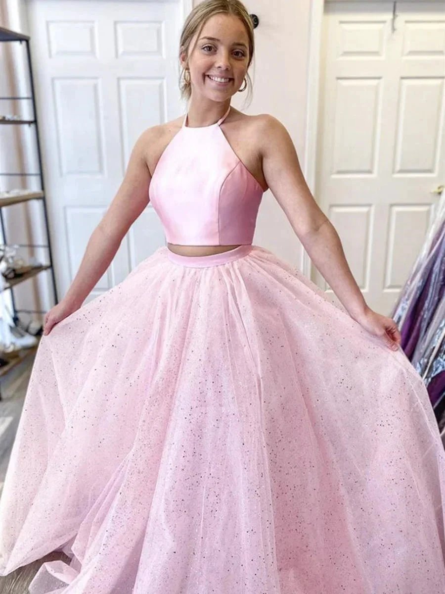 Two Pieces Long A-line Halter Satin Tulle Backless Formal Prom Dresses