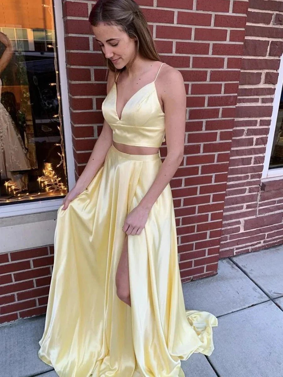 Two Pieces Long A-line V-neck Satin Formal Graduation Evening Prom Dresses with Slit