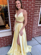 Two Pieces Long A-line V-neck Satin Formal Graduation Evening Prom Dresses with Slit