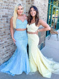 Two Pieces Long Mermaid Sweetheart Lace Prom Dress Tulle Formal Evening Gowns