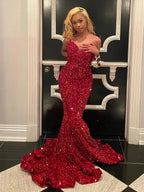 Ulissa| Red Mermaid Sweetheart Neck Sequins Long Prom Dresses