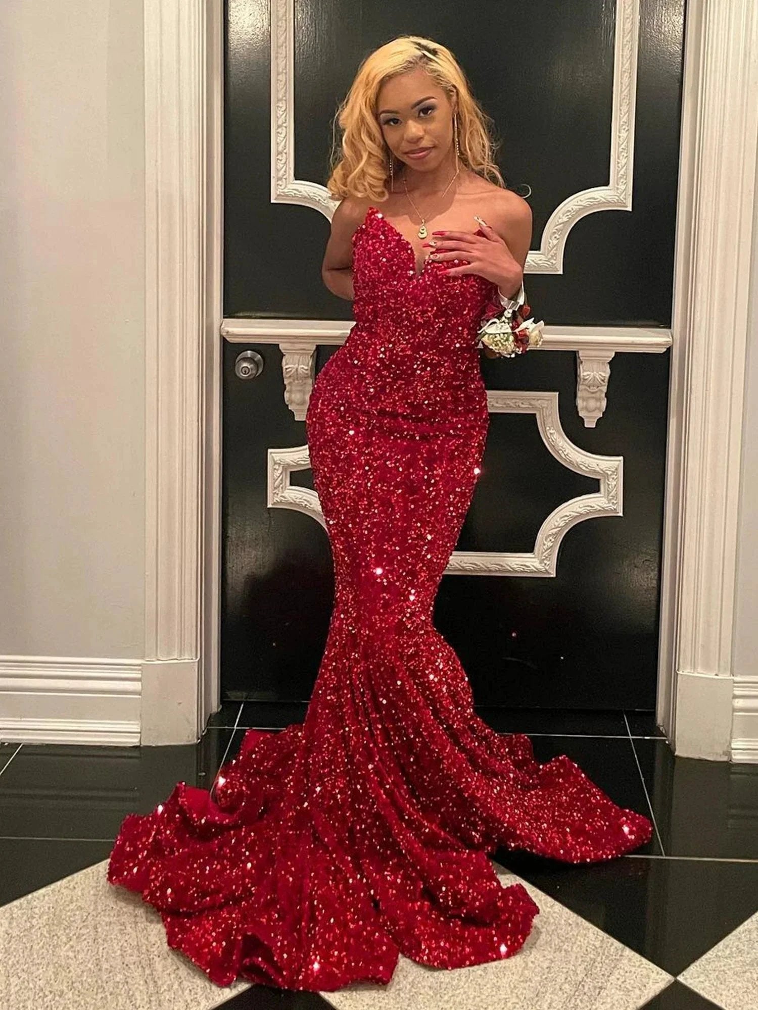 Ulissa| Red Mermaid Sweetheart Neck Sequins Long Prom Dresses