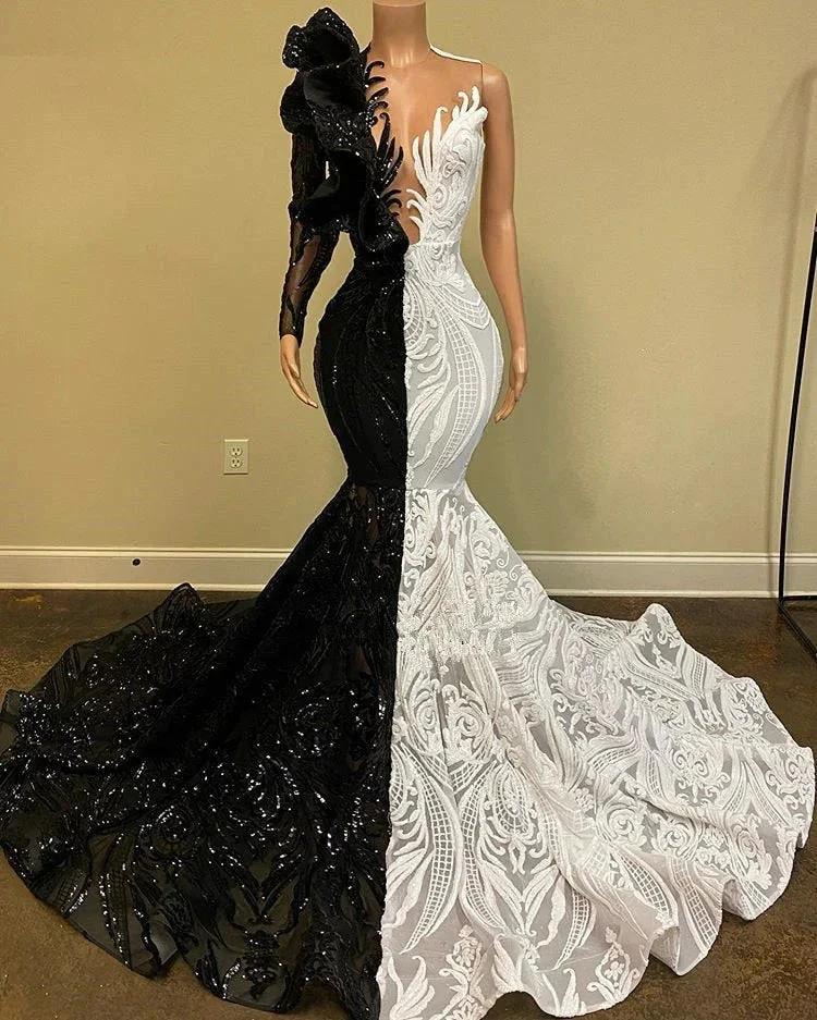 Unique Bicolor V-neck One Shoulder Long Sleeve Column Mermaid Prom Dresses