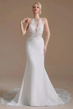 Unique Halter Sleeveless Mermaid Floor-Length Satin Wedding Dresses with Pattern