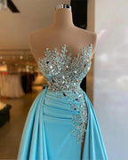Unique Long A-line Bateau Appliques Crystal Ruffles Prom Dress